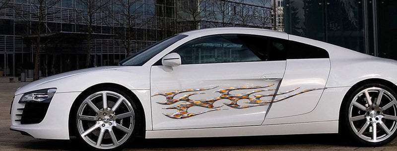 barbwire flames vinyl graphics on white sports car